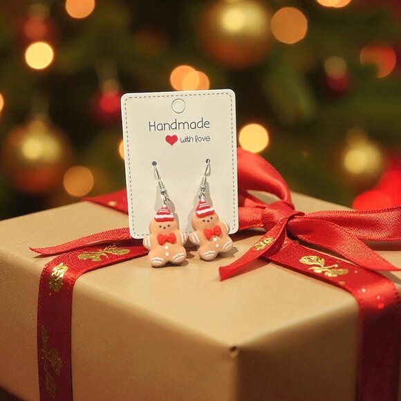 Handmade Gingerbread Man Earrings | Christmas Earrings | Polymer Clay Jewelry - Picture 5 of 7